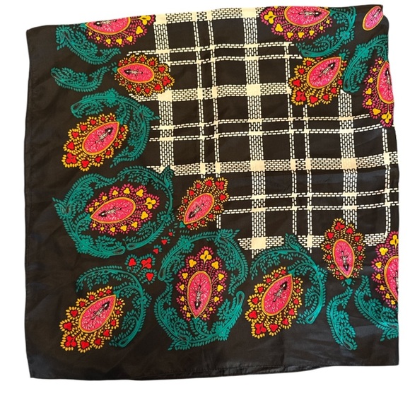 Diane Von Furstenberg Colorful Black Multi Paisley and Plaid Square Silk Scarf - Picture 2 of 15
